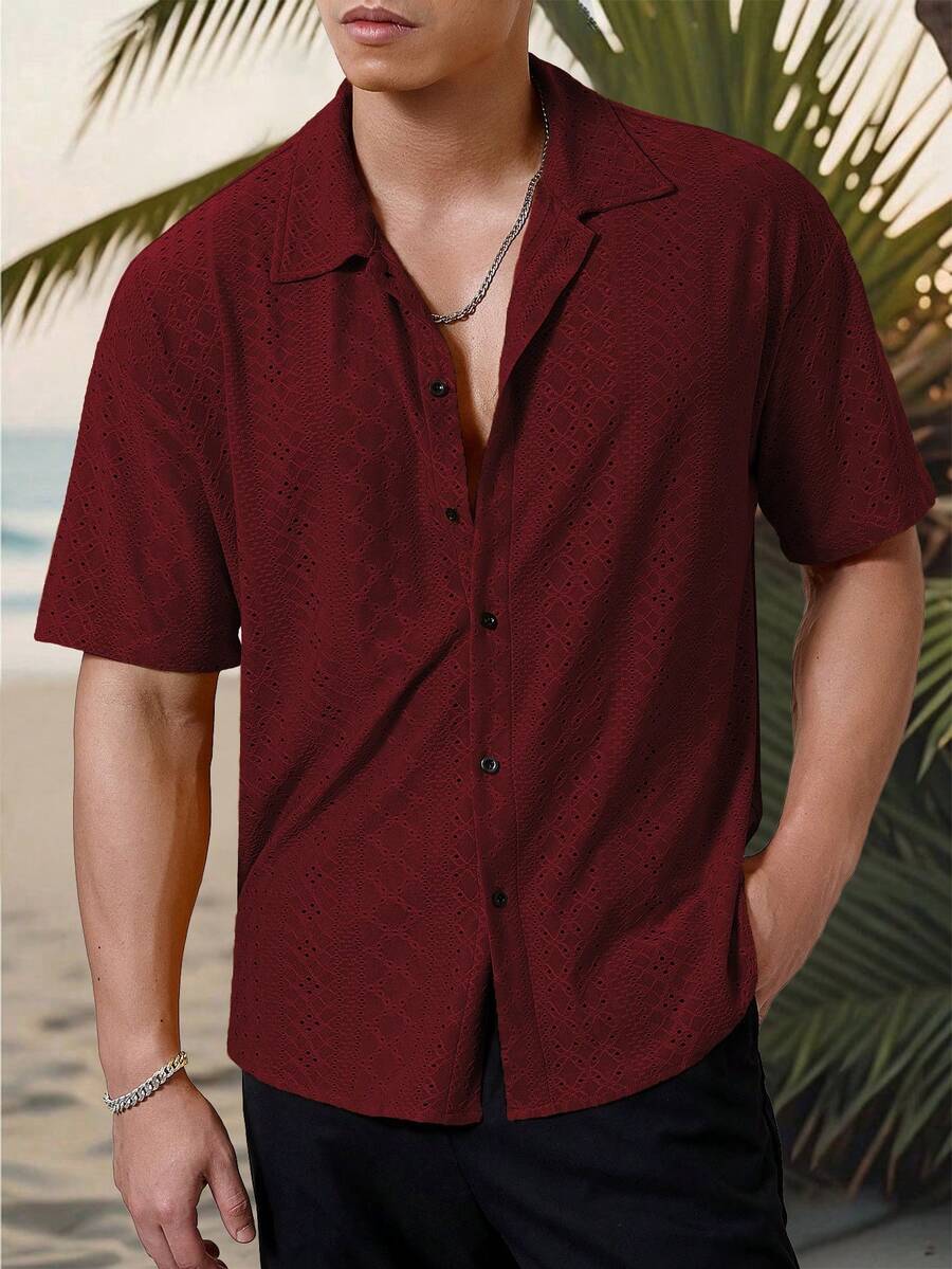 Mens Short Sleeve Crochet Shirt Jacquard Stripe Loose Fit – Darco