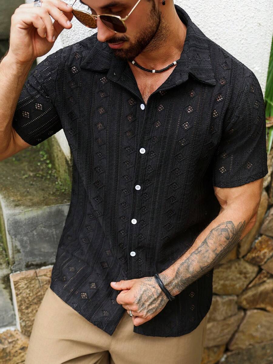 Mens Short Sleeve Crochet Knit Shirt Open Weave Casual Summer