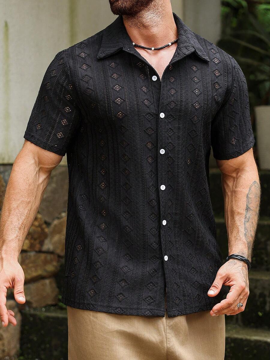 Mens Short Sleeve Crochet Knit Shirt Open Weave Casual Summer