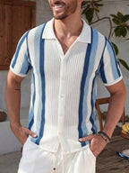 Mens Short Sleeve Crochet Knit Shirt Stripe Button Front – Drenval