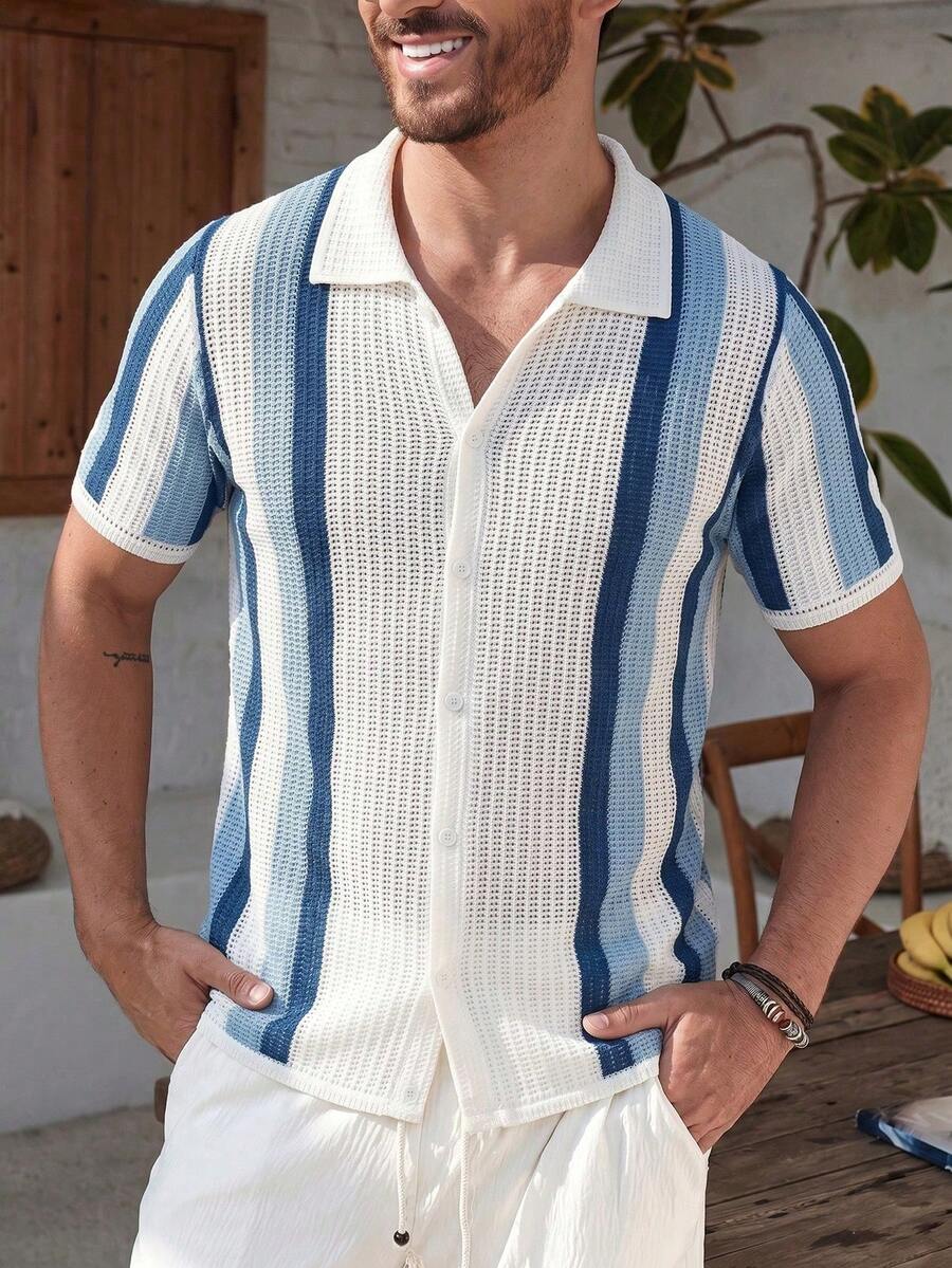Mens Short Sleeve Crochet Knit Shirt Stripe Button Front – Drenval