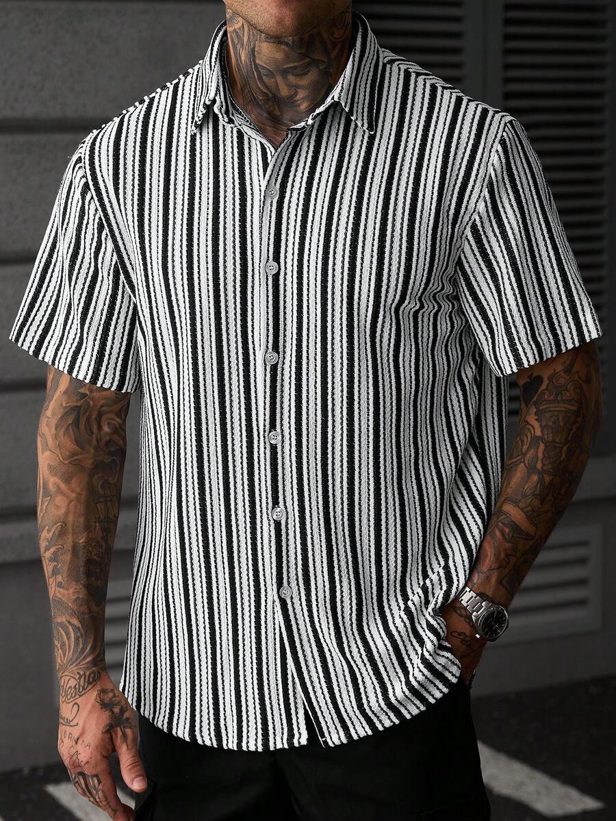 Mens Short Sleeve Button-Down Shirt Polyester Blend Regular Fit – Faldon