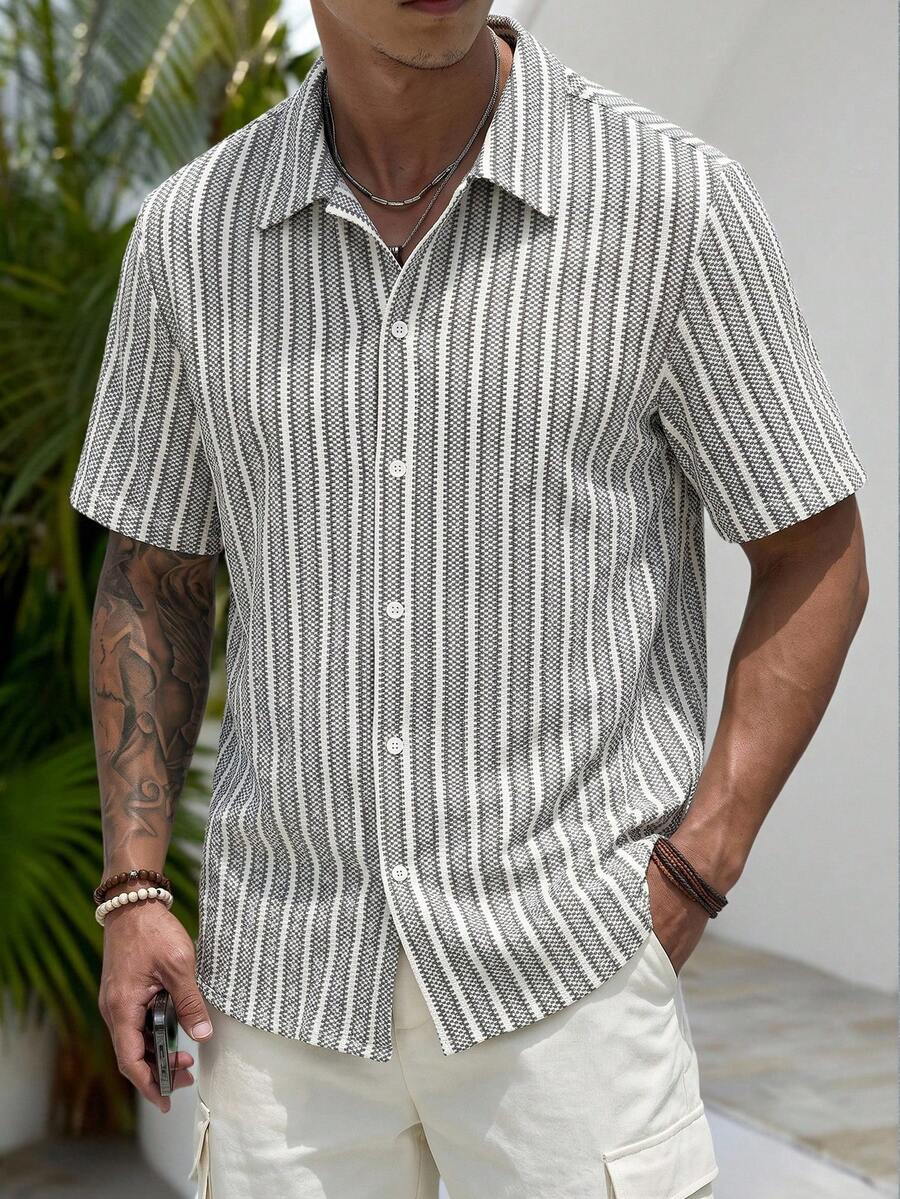 Mens Short Sleeve Crochet Knit Shirt Open Weave Casual Summer