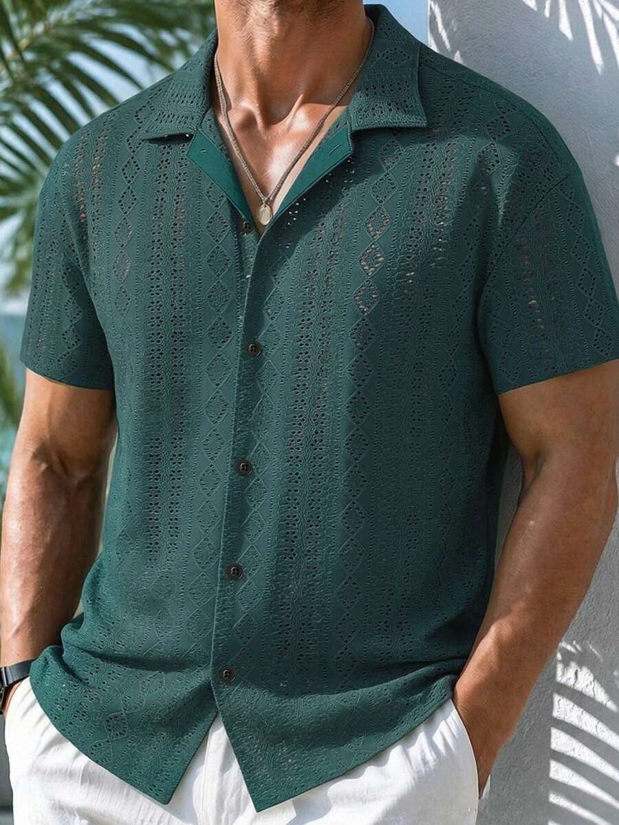 Mens Short Sleeve Crochet Shirt Jacquard Stripe Loose Fit – Darco