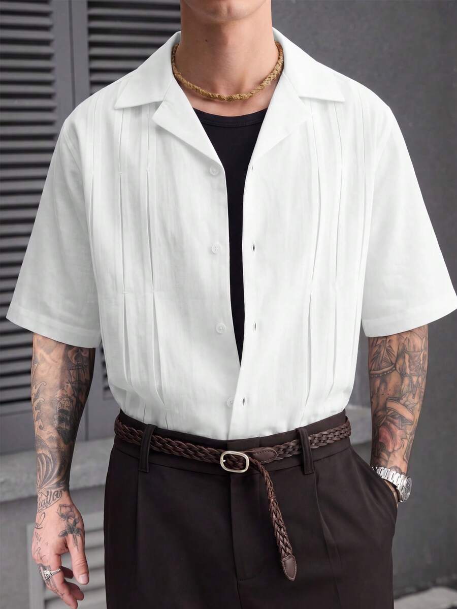 Mens Short Sleeve Shirt Solid Color Single-Breasted Casual – Vanto