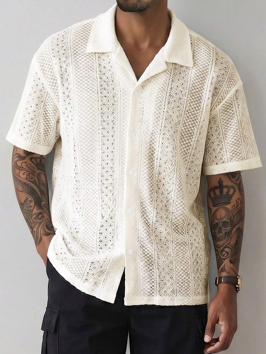 Mens Short Sleeve Crochet Shirt Jacquard Stripe Loose Fit – Darco