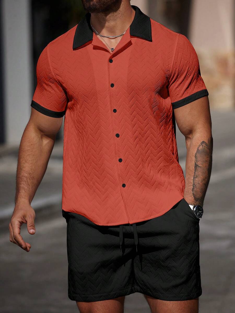 Mens Short Set Contrast Trim Button-Front Shirt and Shorts – Vorlen