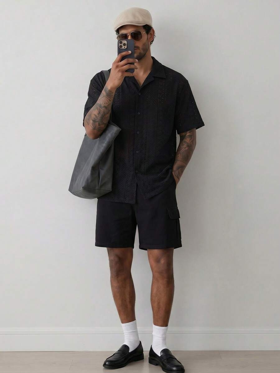 Mens Short Sleeve Crochet Shirt Jacquard Stripe Loose Fit – Darco