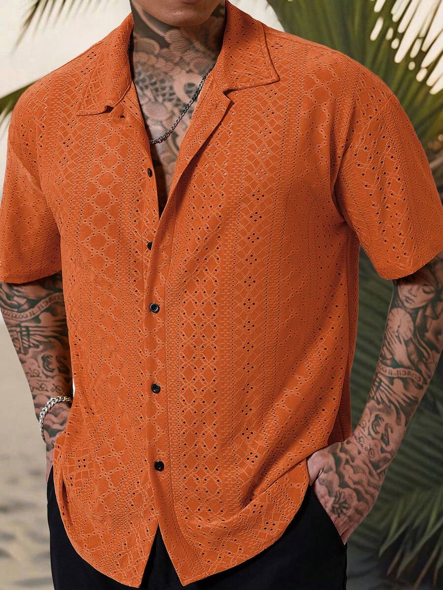 Mens Short Sleeve Crochet Shirt Jacquard Stripe Loose Fit – Darco