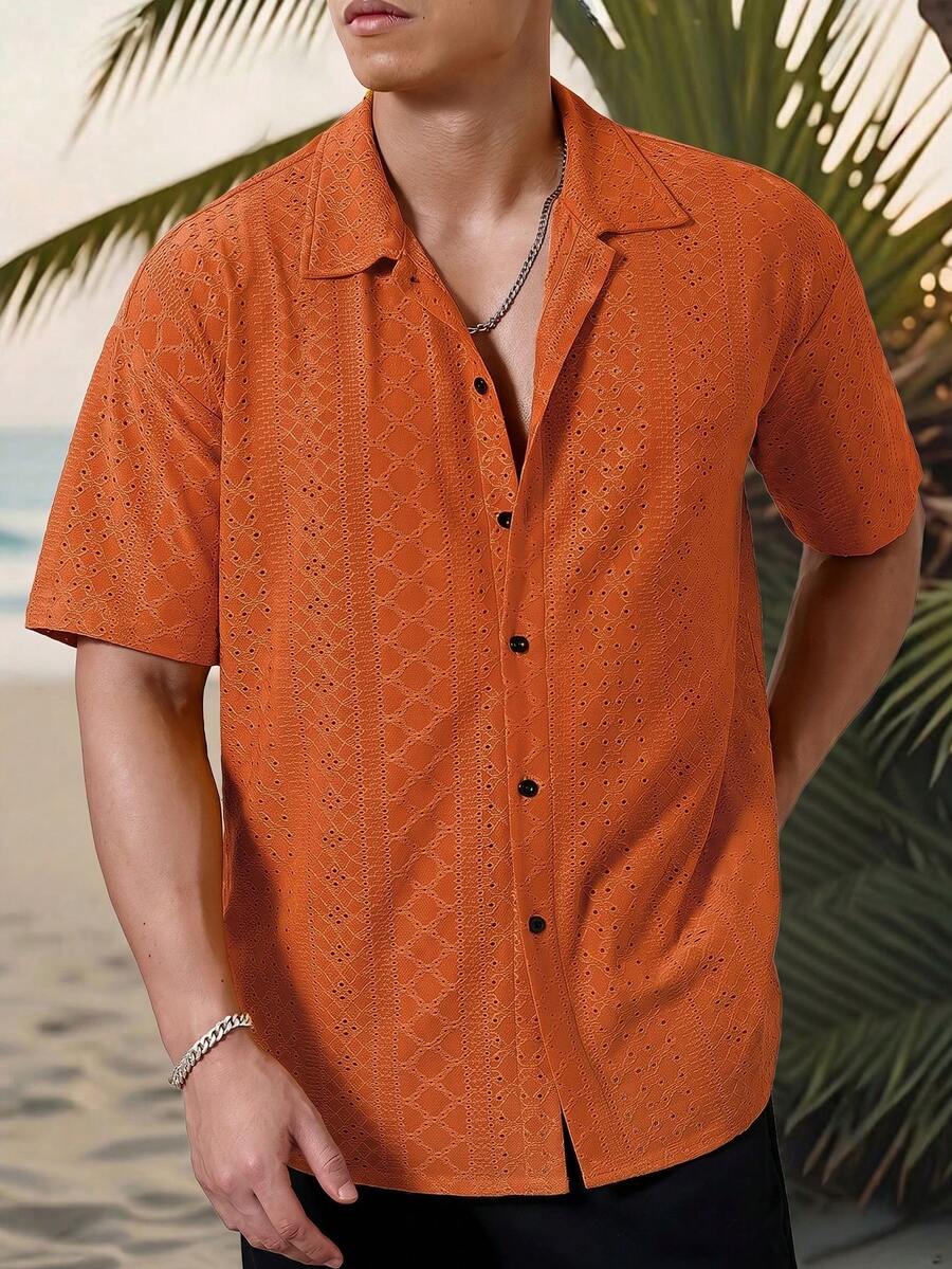 Mens Short Sleeve Crochet Shirt Jacquard Stripe Loose Fit – Darco