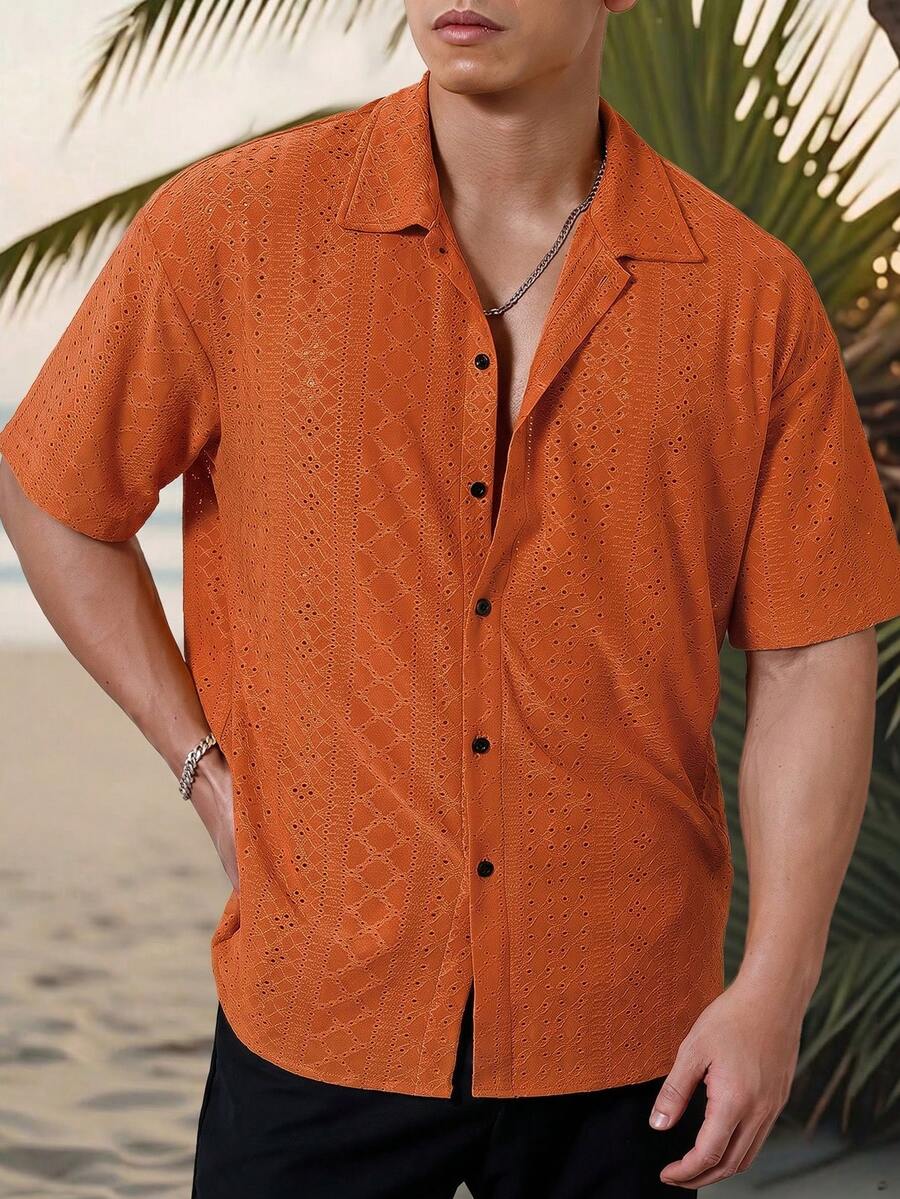 Mens Short Sleeve Crochet Shirt Jacquard Stripe Loose Fit – Darco