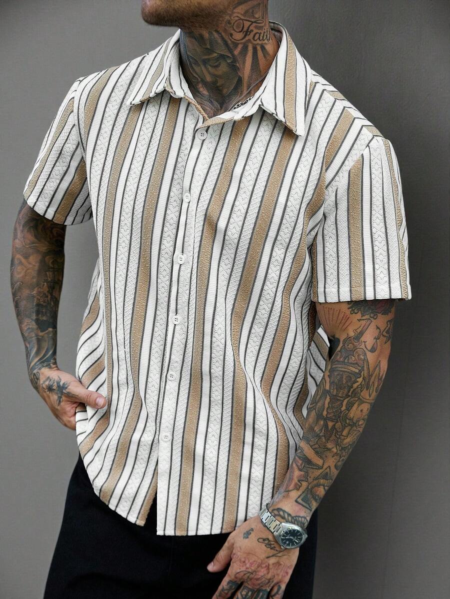 Mens Short Sleeve Button-Down Shirt Polyester Blend Regular Fit – Faldon