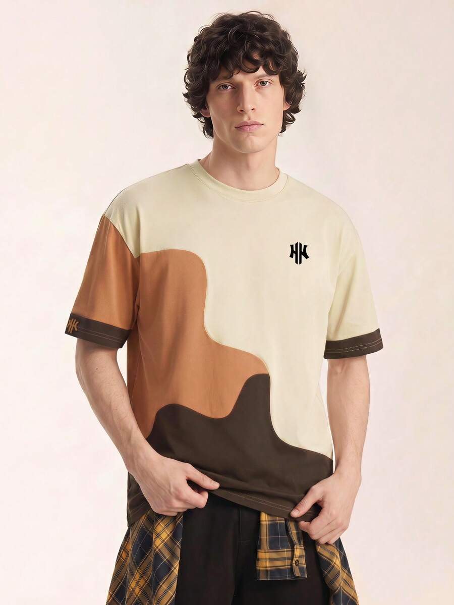 Mens T-Shirt Color Block Drop Shoulder Casual Summer Tee – Valden