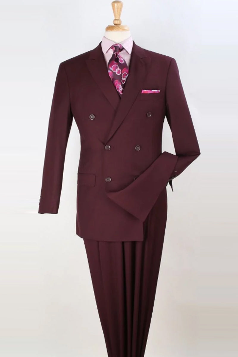 Double Breasted Suit Wool-Feel Peak Lapel 6-Button Burgundy – Brenval