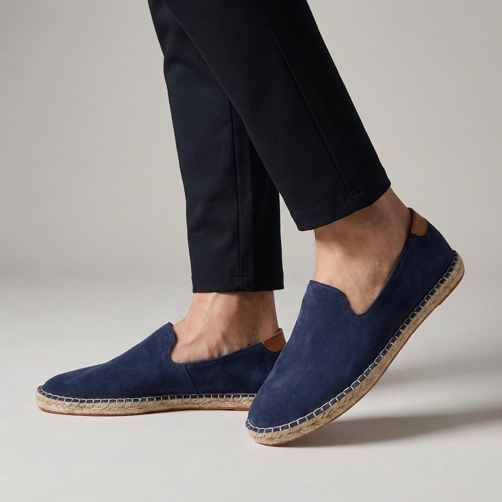 Model wearing gray suede espadrilles with jute rope sole – TARLANO