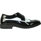 Model wearing two-tone wingtip patent lace-up dress shoe in black and white – TARLANO