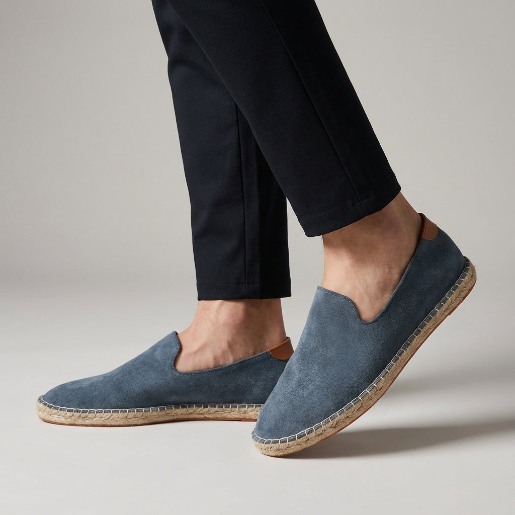 Gray suede slip-on espadrille with jute rope sole and blanket stitch detail – TARLANO