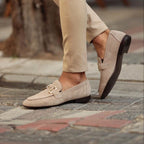 Close-up of beige suede horsebit loafer with almond toe – TARLANO