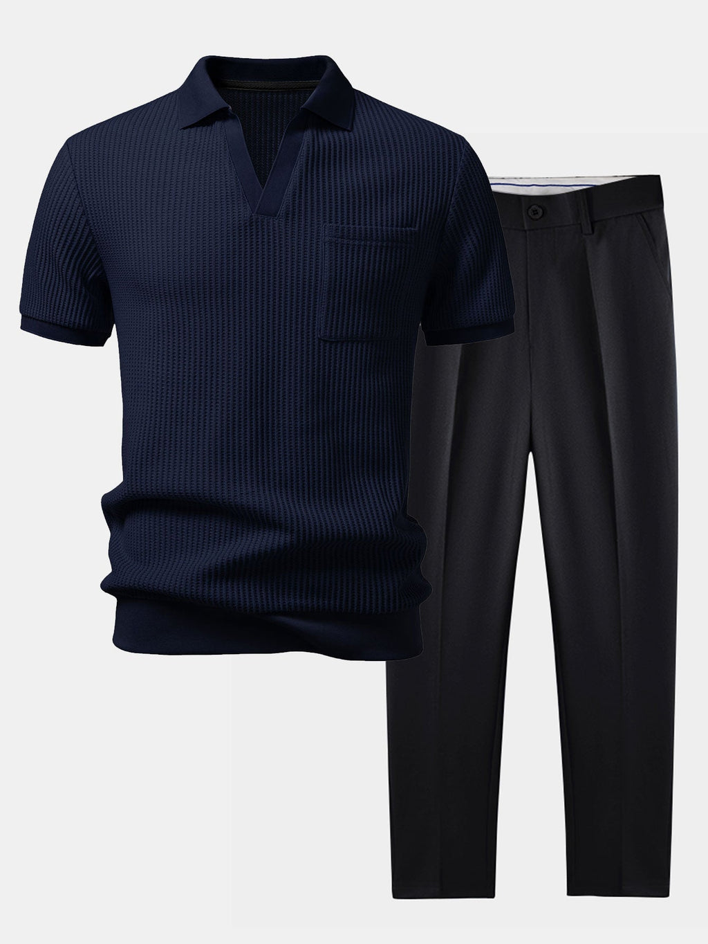 Mens Pant & Waffle Polo Set Slim Tapered 2-Piece Smart Casual – Daxel