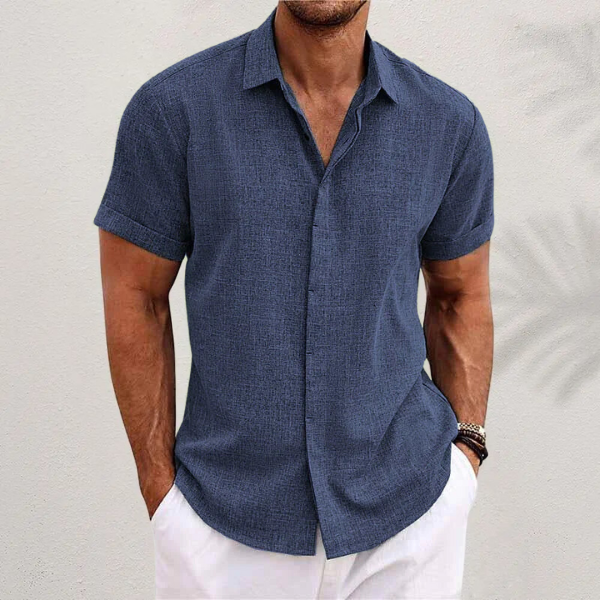 Short Sleeve Linen Blend Shirt Spread Collar Tapered Fit – Troven