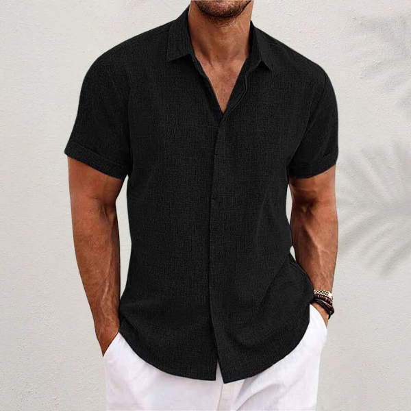 Short Sleeve Linen Blend Shirt Spread Collar Tapered Fit – Troven