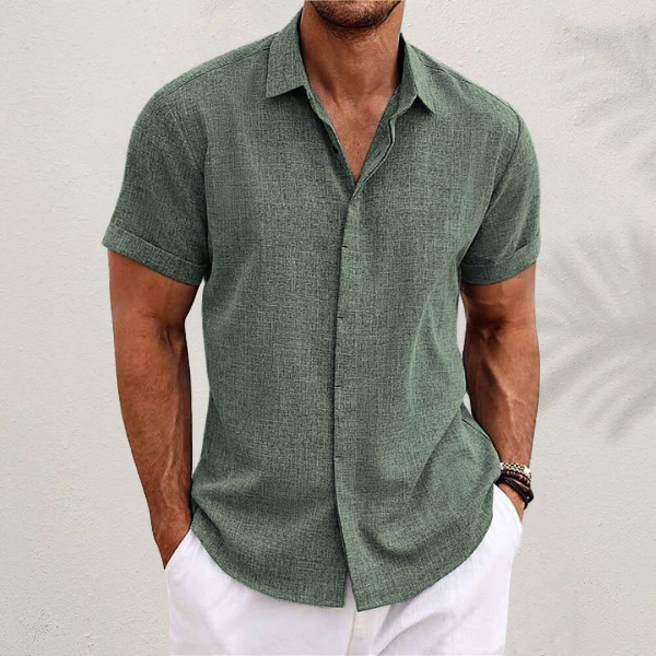 Short Sleeve Linen Blend Shirt Spread Collar Tapered Fit – Troven