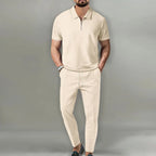 Waffle Knit Zip Polo & Tapered Trouser Matching Set in Beige – Cruz