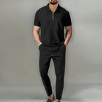 Waffle Knit Zip Polo & Tapered Trouser Matching Set in Beige – Cruz