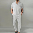 Waffle Knit Zip Polo & Tapered Trouser Matching Set in Beige – Cruz