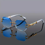 Rimless Polygon Sunglasses Alloy Frame Leopard Temple Detail – Voss