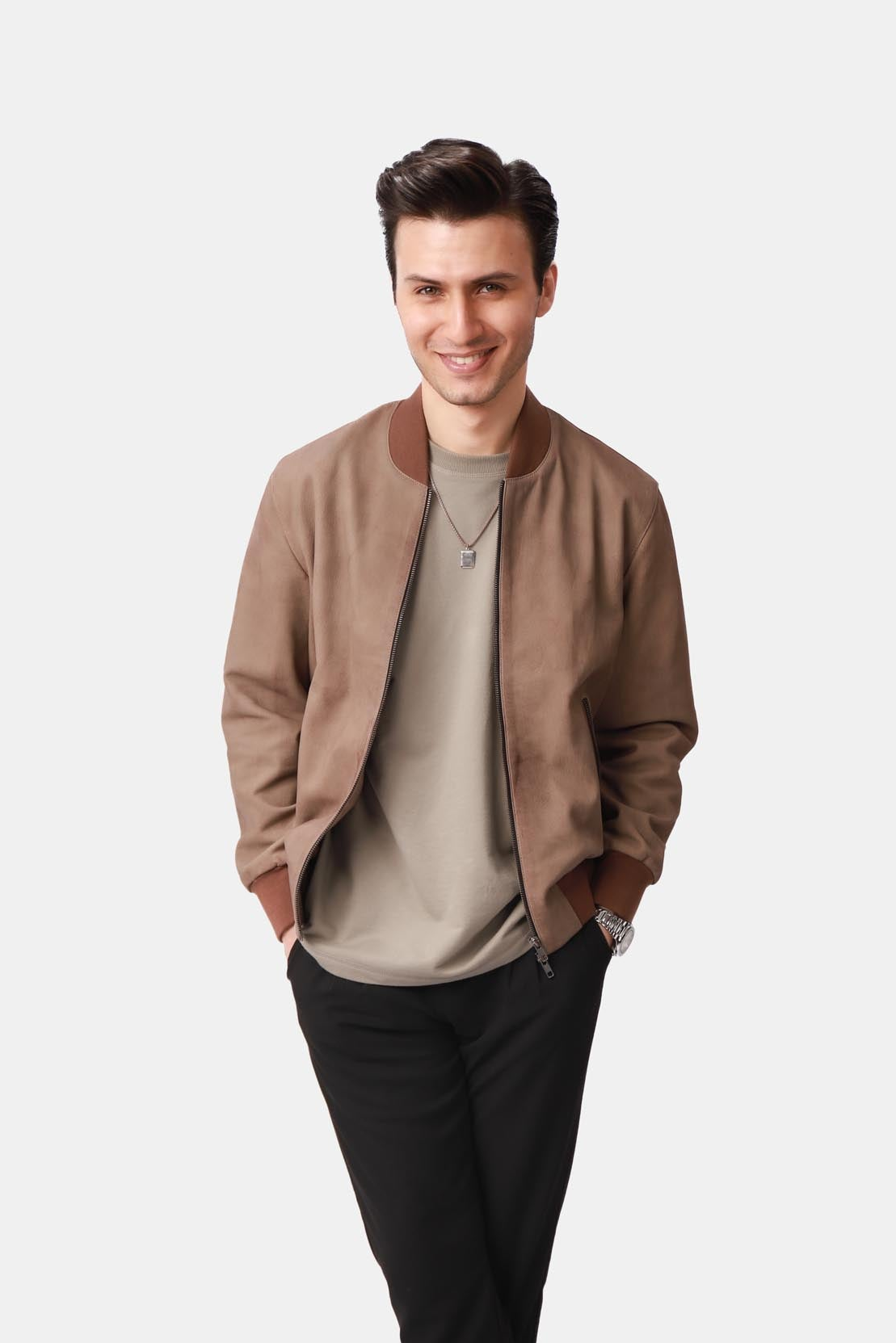 Cervex | Nubuck Bomber Jacket Ribbed Trim Beige