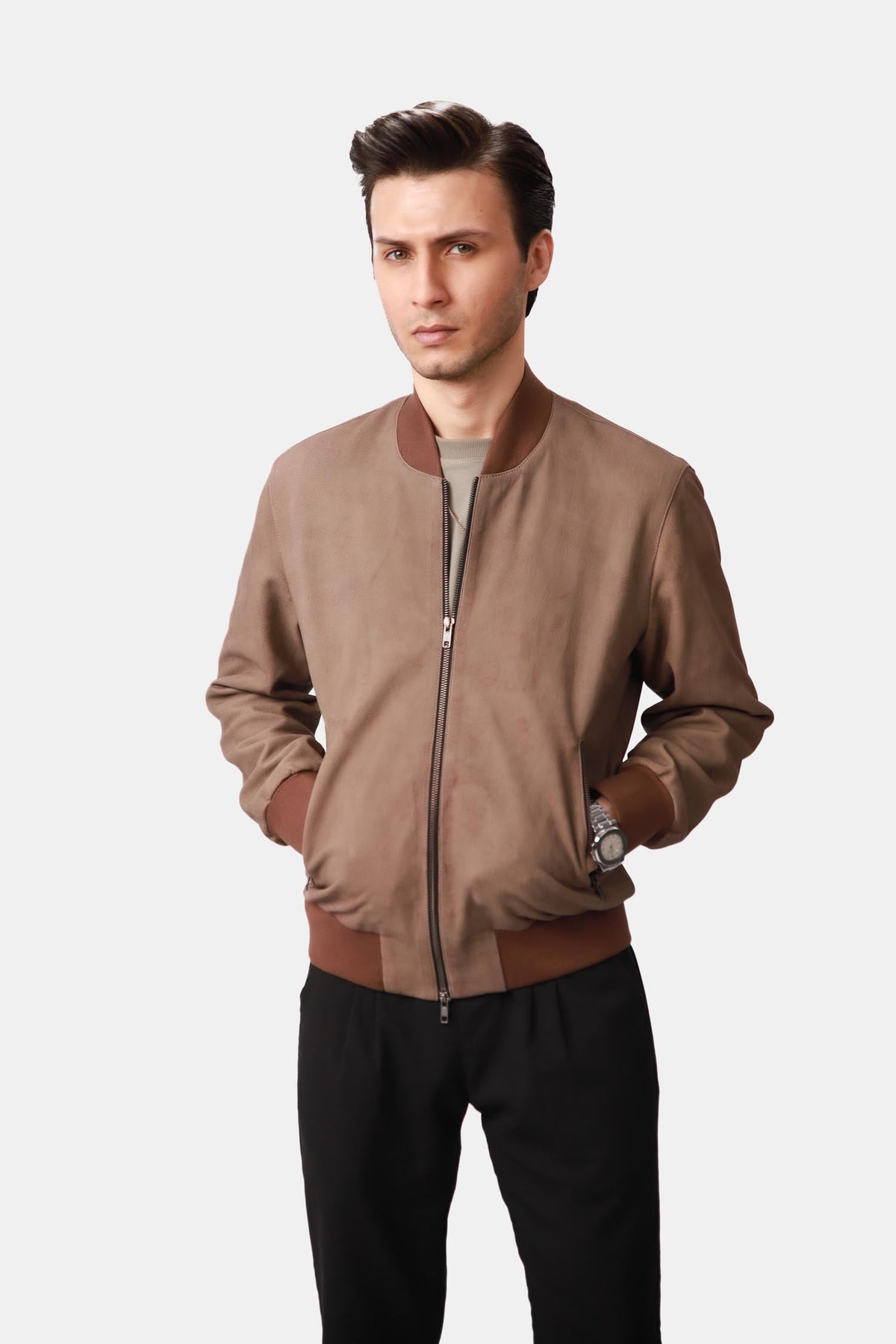 Cervex | Nubuck Bomber Jacket Ribbed Trim Beige