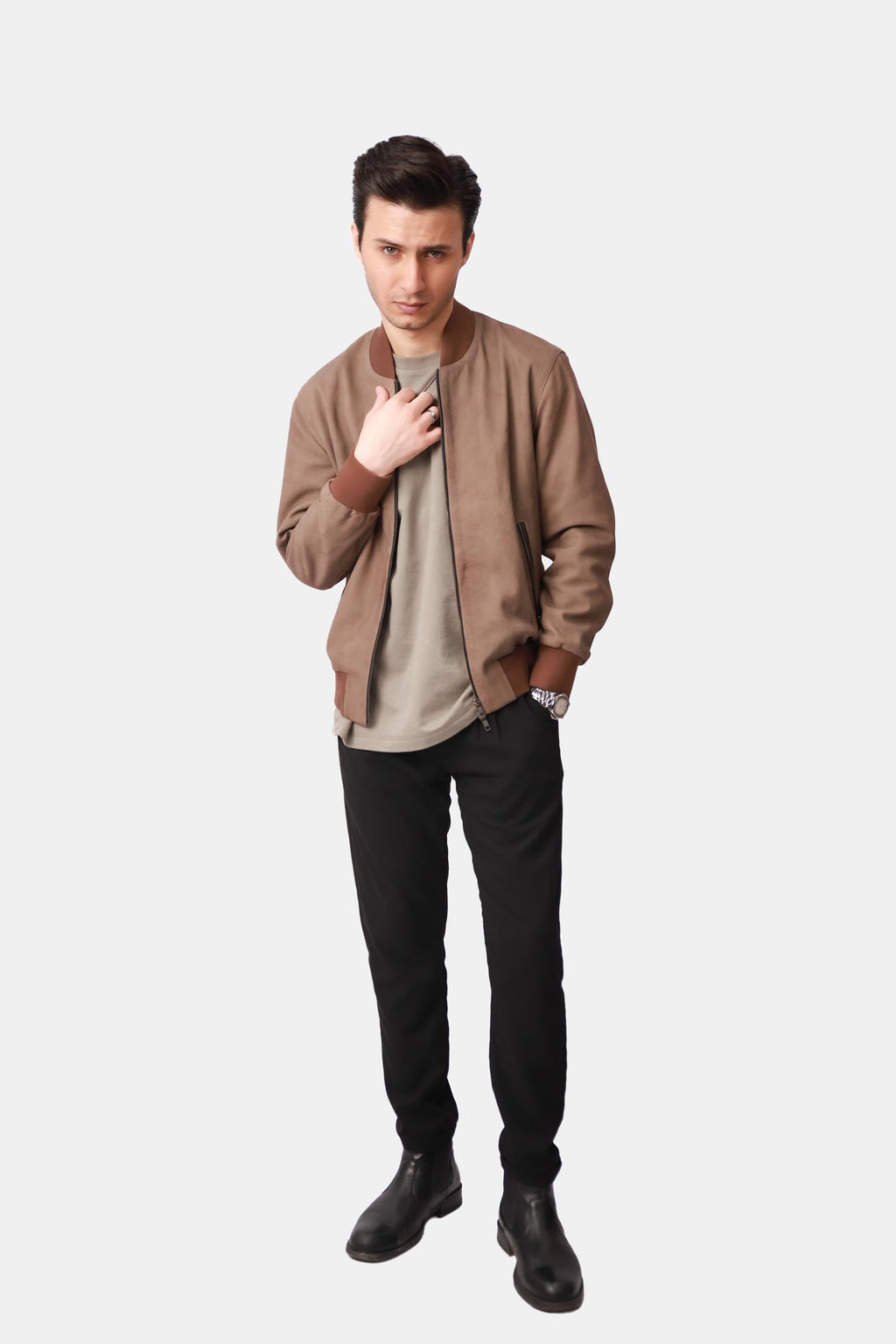 Cervex | Nubuck Bomber Jacket Ribbed Trim Beige