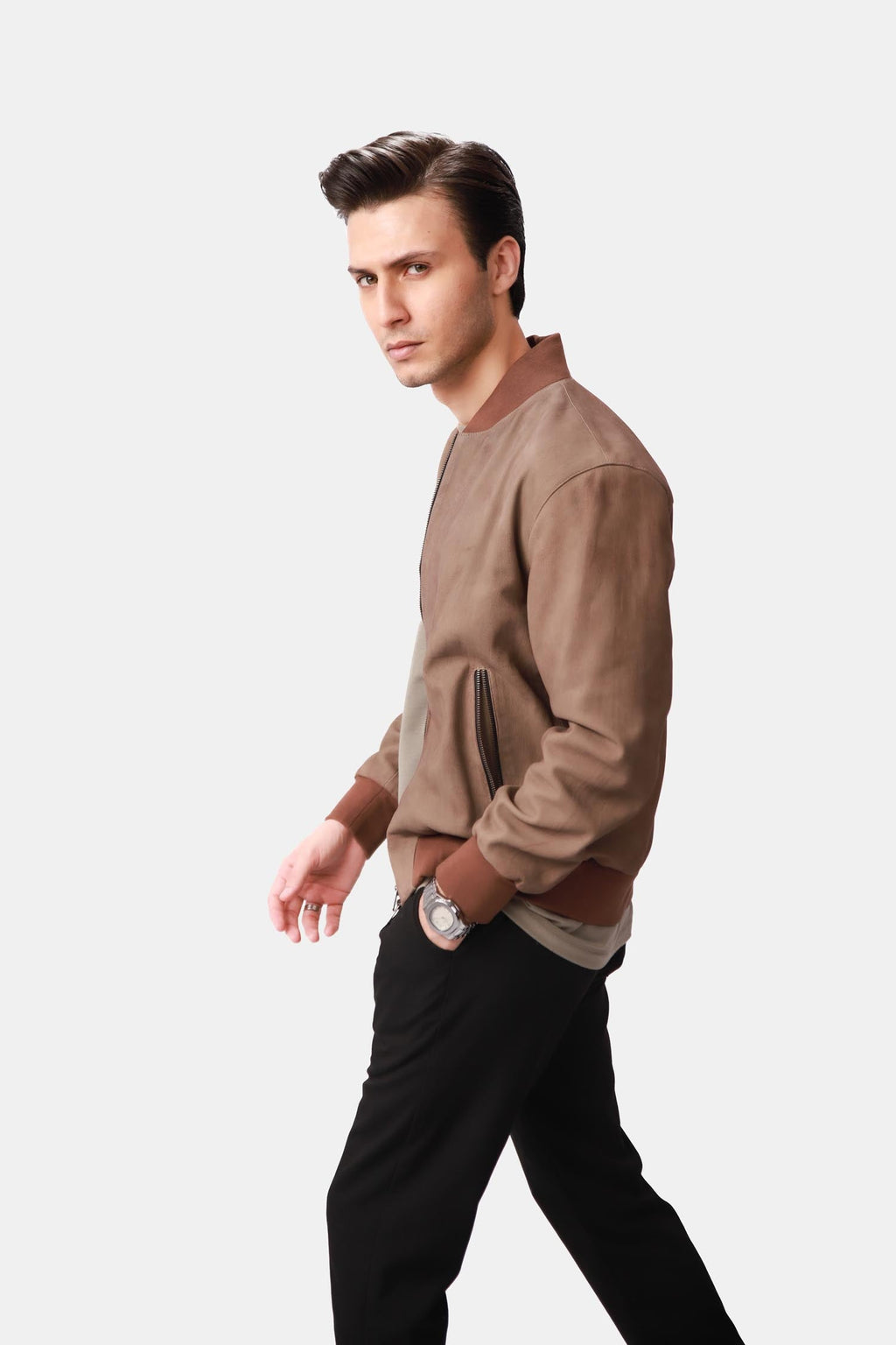 Cervex | Nubuck Bomber Jacket Ribbed Trim Beige