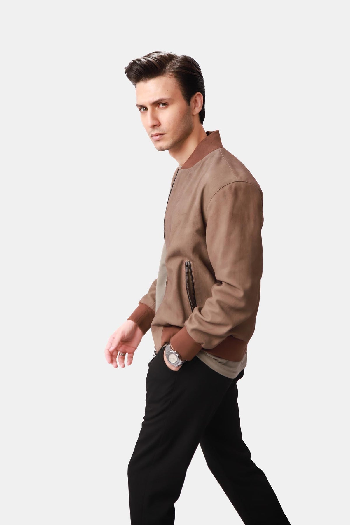 Cervex | Nubuck Bomber Jacket Ribbed Trim Beige
