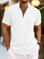 Men's Henley Short Sleeve Shirt Textured Woven Button Placket – Tallo