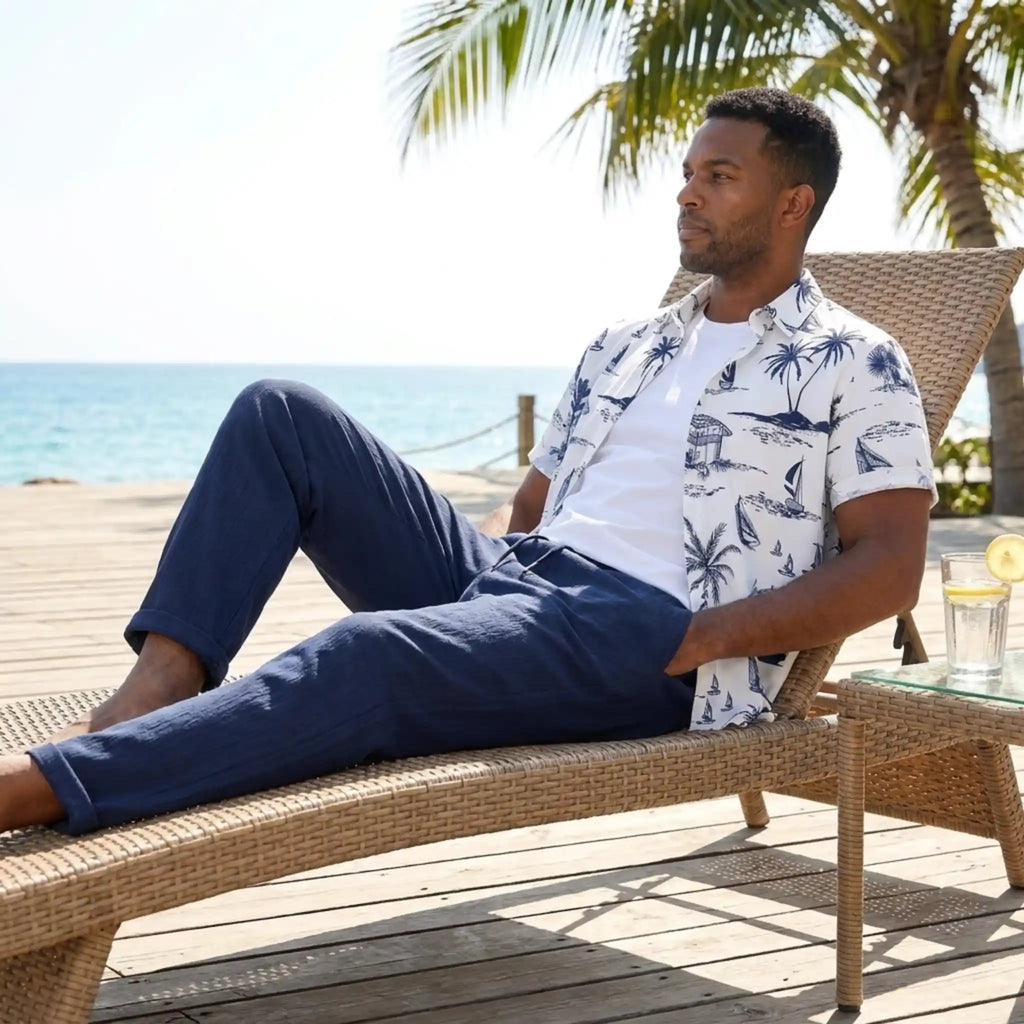 Button Up Shirt and Straight Leg Pants 2-Piece Set Island Print – Maxo