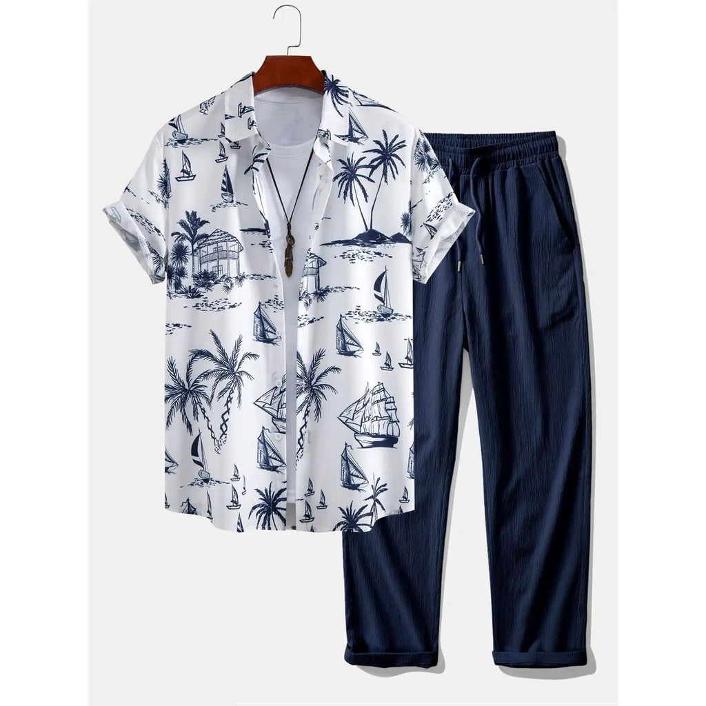 Button Up Shirt and Straight Leg Pants 2-Piece Set Island Print – Maxo