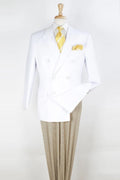 Close-up of white double-breasted sport coat with peak lapel and white buttons – TARLANO
