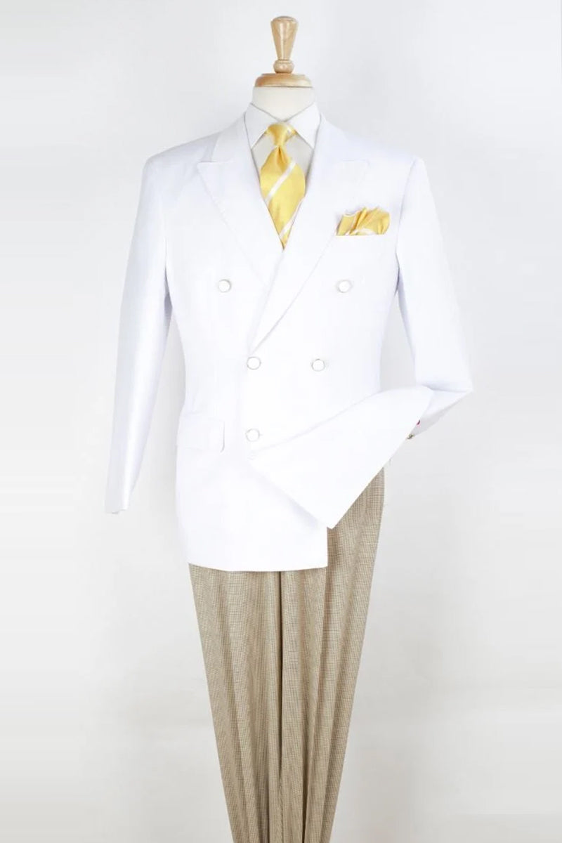 Close-up of white double-breasted sport coat with peak lapel and white buttons – TARLANO