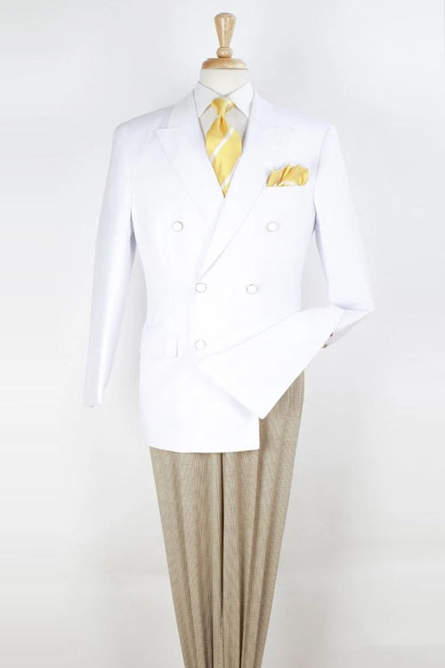 Close-up of white double-breasted sport coat with peak lapel and white buttons – TARLANO