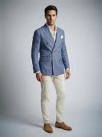 Model wearing linen double breasted blazer in Navy – TARLANO