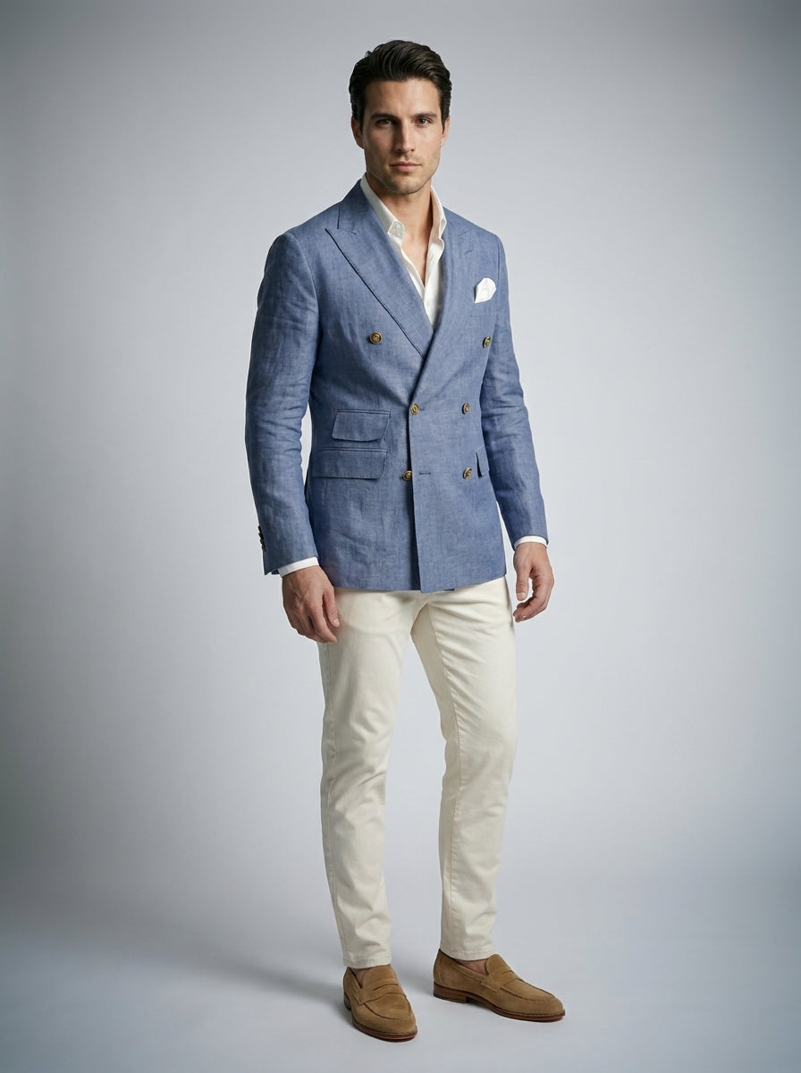 Model wearing linen double breasted blazer in Navy – TARLANO