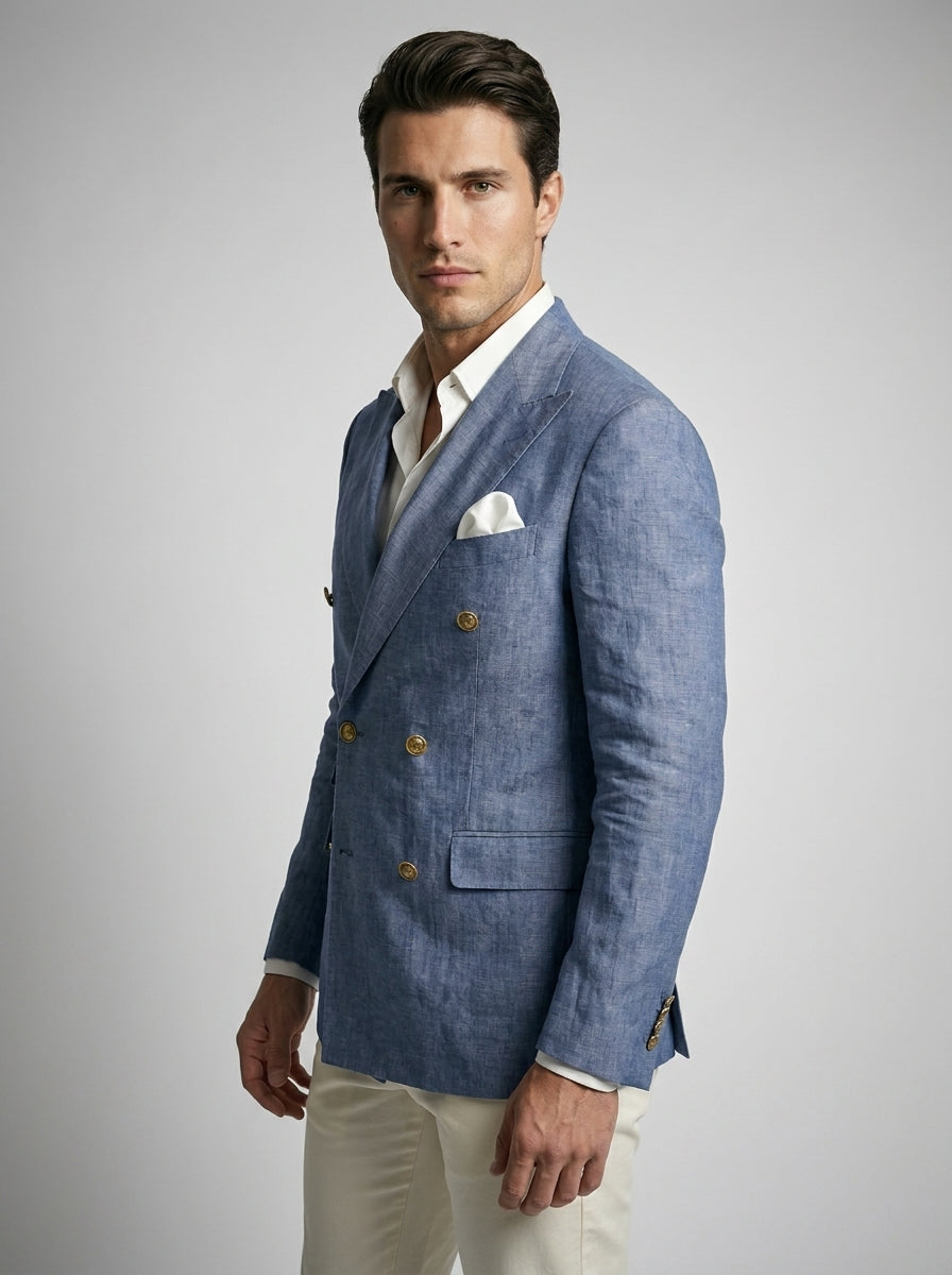 Double Breasted Suit Men Linen Blazer Peak Lapel – Narcon