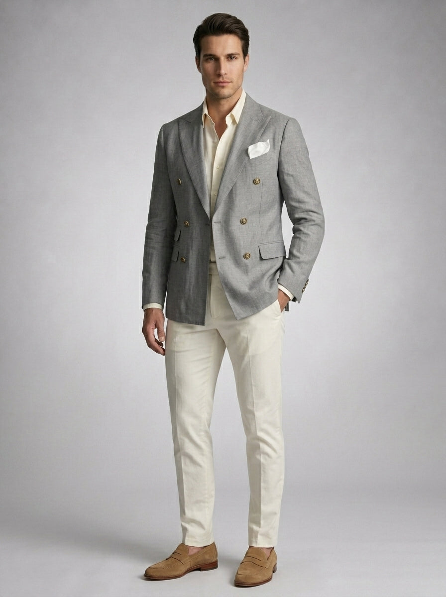 Double Breasted Suit Men Linen Blazer Peak Lapel – Narcon