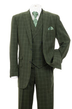 Windowpane plaid double breasted suit in olive with peak lapel and vest – TARLANO