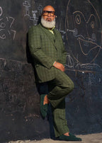 Double Breasted Suit Men Wool-Feel Windowpane Plaid with Vest Olive – Droven