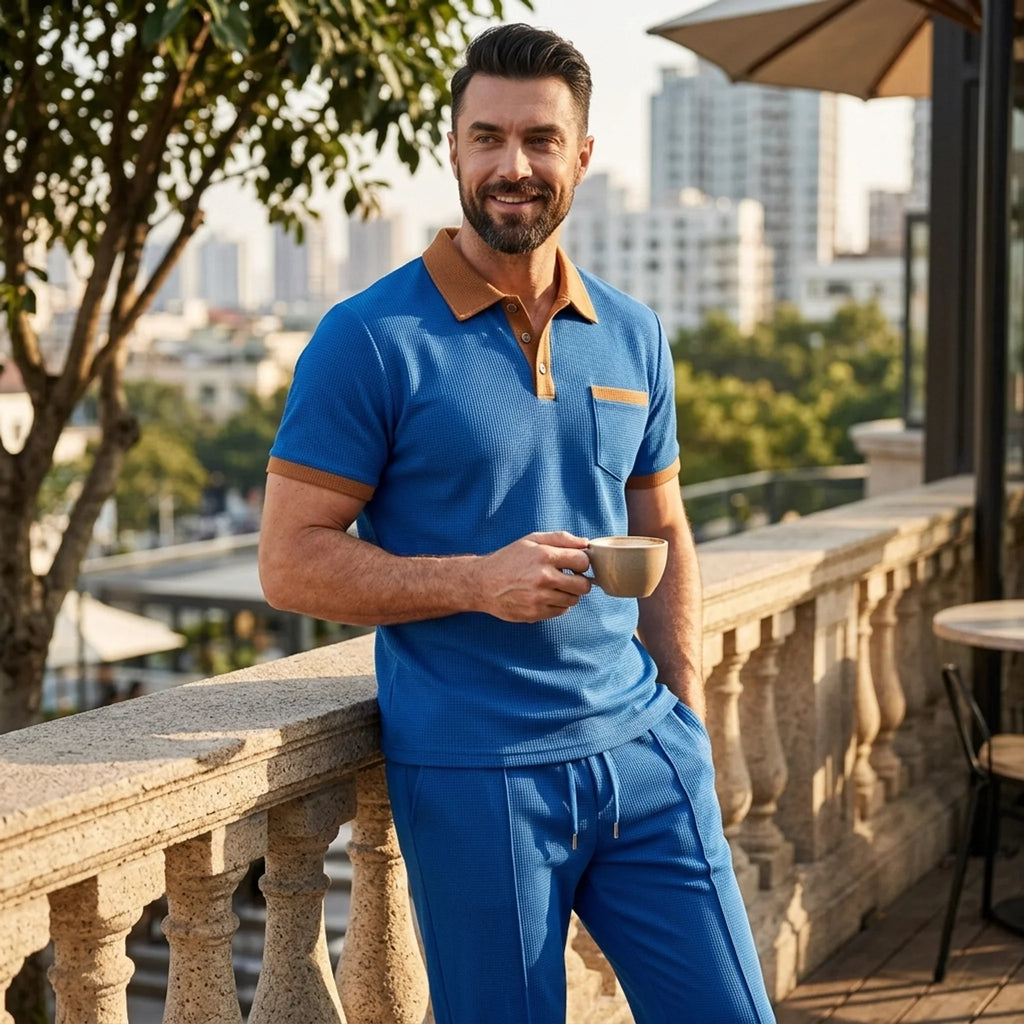 Mens Pant & Polo Waffle Knit 2-Piece Set Straight Leg – Borten