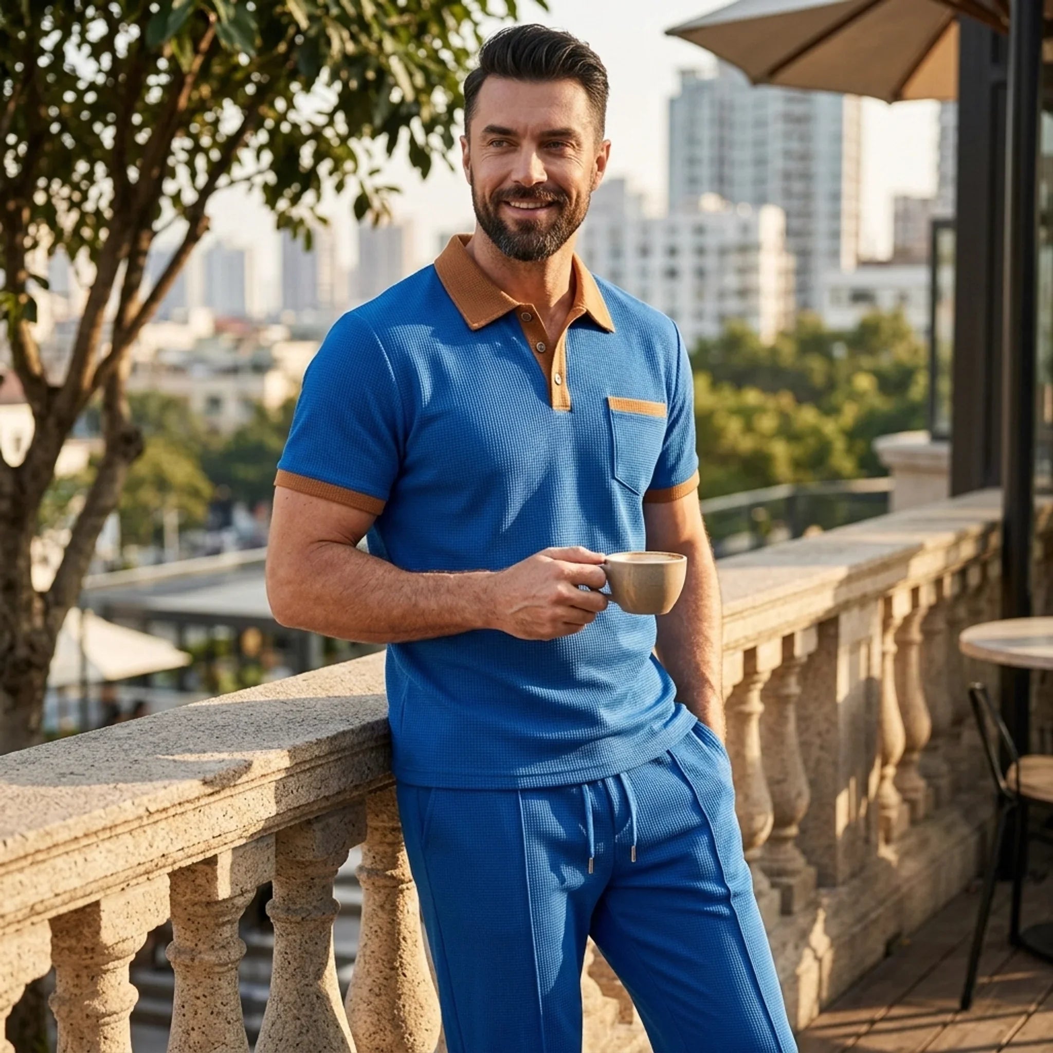 Mens Pant & Polo Waffle Knit 2-Piece Set Straight Leg – Borten
