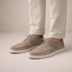 Model wearing brown suede lace-up loafer – TARLANO